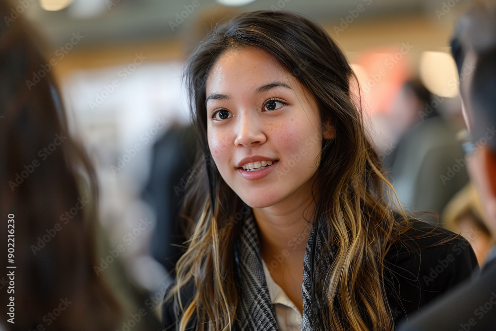 Photograph of a Candidate Networking at a Job Fair: A job candidate talking to potential employers at a networking event. Photograph of a Candidate Networking at a Job Fair: A job candidate talking to potential employers at a networking event.