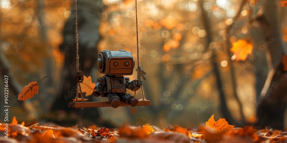 Robot Sitting on Swing in Autumn Forest Robot Sitting on Swing in Autumn Forest