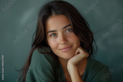 Smiling Woman with Long Hair, Casual Green Shirt, Resting Hand on Chin, Contemplative Expression