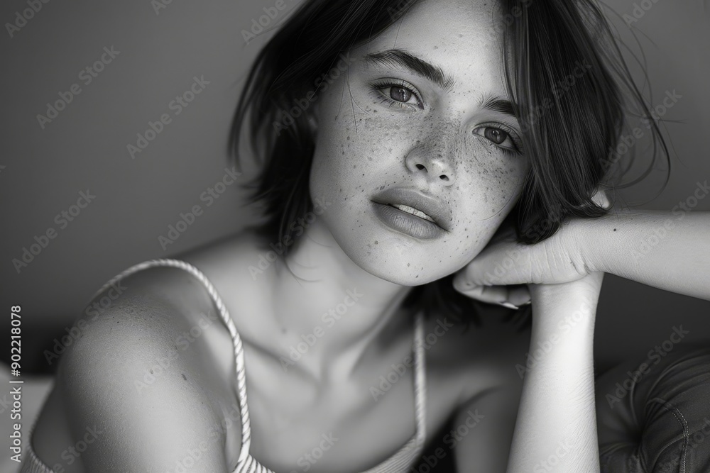Contemplative Young Woman with Freckles, Casual Tank Top, Resting Her Head on Hand, Close-up Portrait Contemplative Young Woman with Freckles, Casual Tank Top, Resting Her Head on Hand, Close-up Portrait