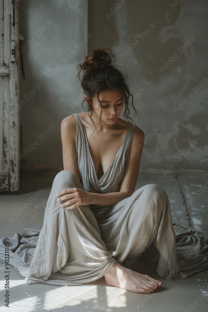 Contemplative Woman in Gown, Sitting in Rustic Interior Contemplative Woman in Gown, Sitting in Rustic Interior