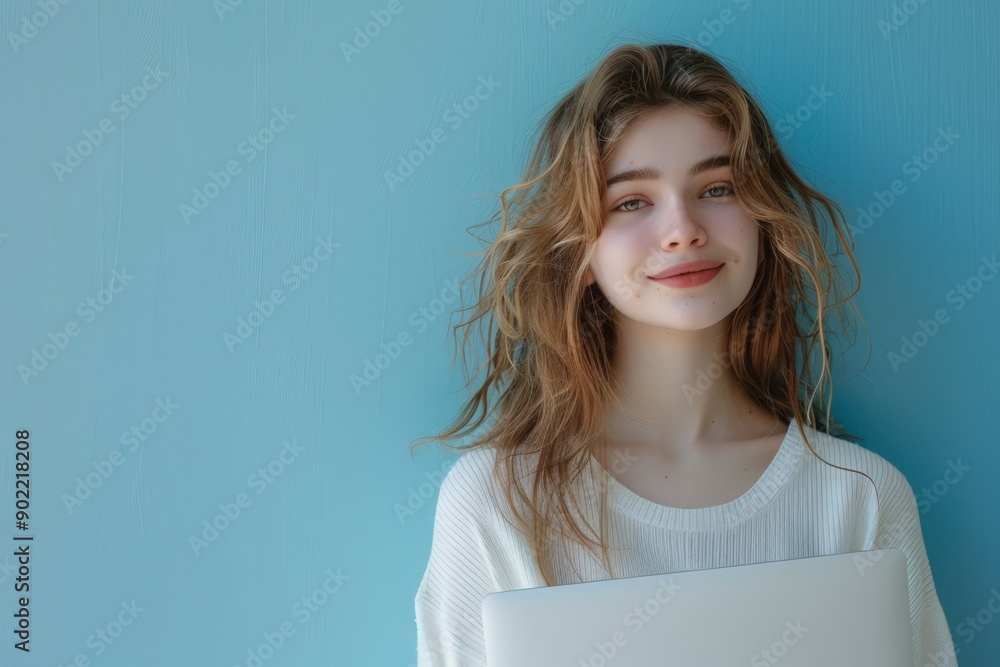 Girl with Laptop, Smiling and Posing in a Modern Office Setting Girl with Laptop, Smiling and Posing in a Modern Office Setting