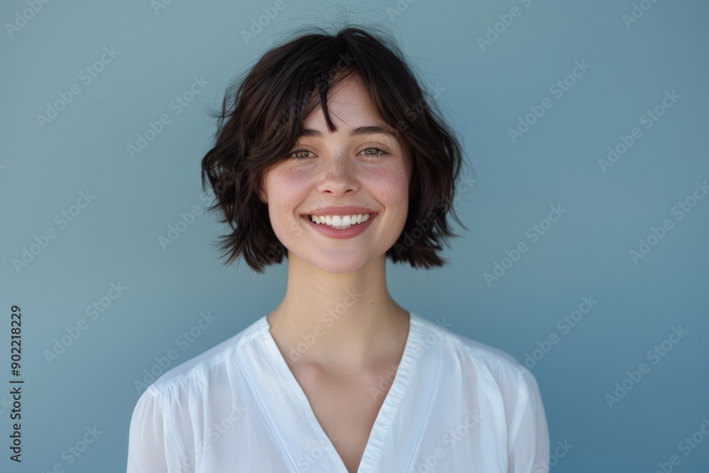 Smiling Woman in White Shirt, Joyful Expression, Casual Attire, Friendly Disposition Smiling Woman in White Shirt, Joyful Expression, Casual Attire, Friendly Disposition