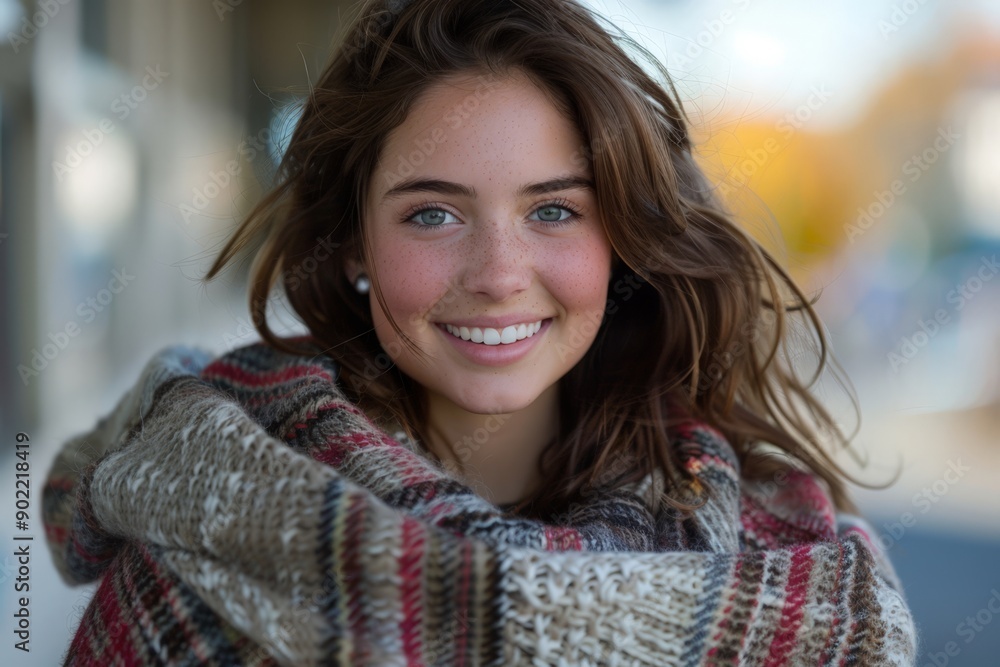 Smiling Woman with Red Hair, Wearing Scarf and Sweater, Outdoor Setting Smiling Woman with Red Hair, Wearing Scarf and Sweater, Outdoor Setting