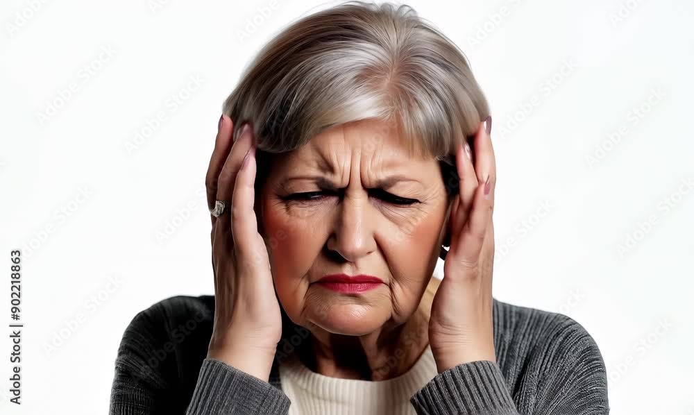 Medium shot portrait video of a woman in her 60s with furrowed brows and a tense expression due to hypertension wearing a chic cardigan against a white background Medium shot portrait video of a woman in her 60s with furrowed brows and a tense expression due to hypertension wearing a chic cardigan against a white background