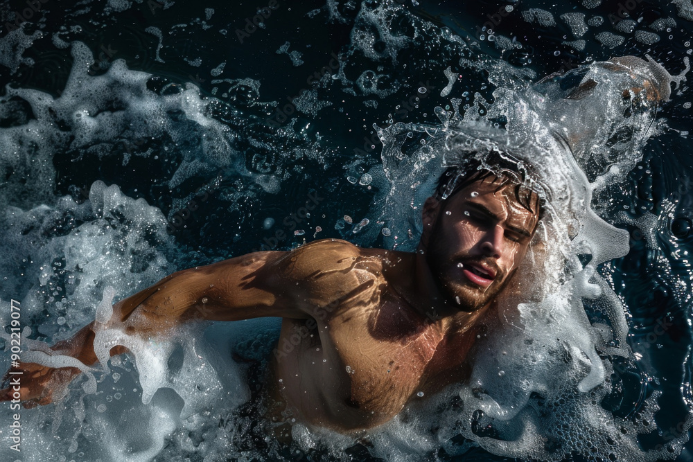 Fototapeta premium Overhead shot capturing a male swimmer's intense movement and splashing water