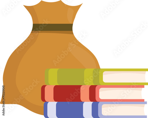 Full bag of money is standing next to a stack of books representing the concept of expensive tuition fees