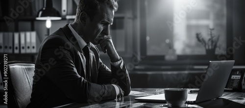 Man in suit contemplating business decisions at desk.