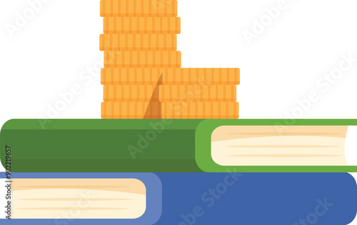 Stack of golden coins sitting on top of books symbolizing investment in education