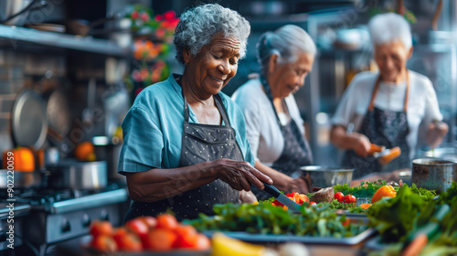 Happy senior women preparing a healthy meal together