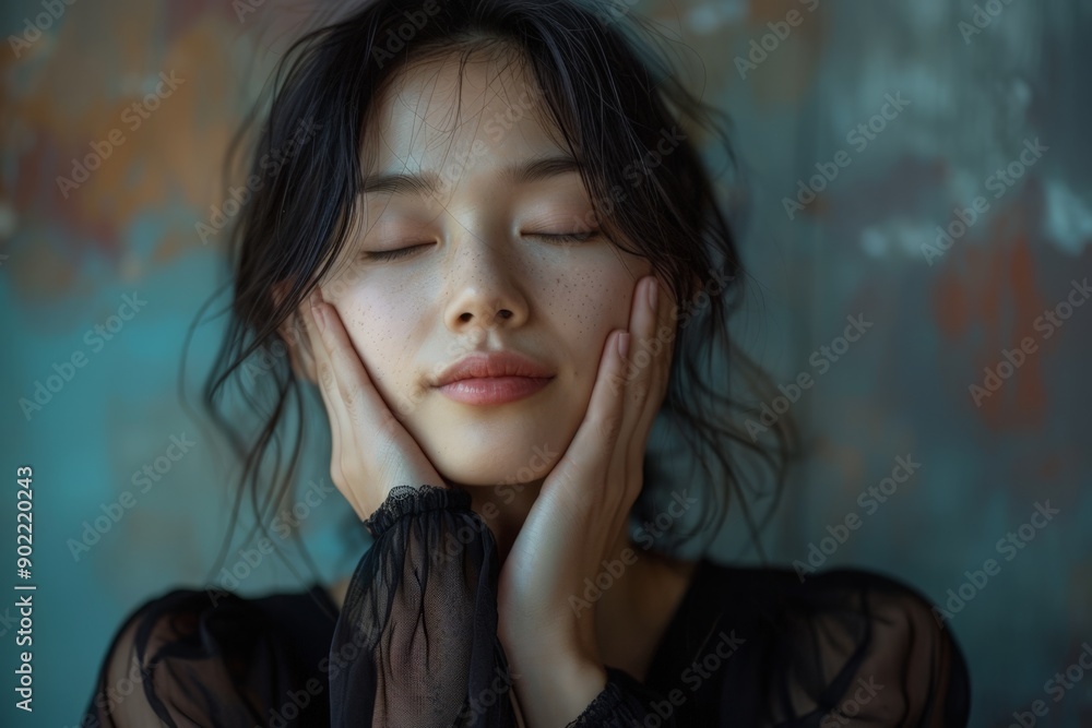 Contemplative Woman with Hand on Face, in a Soft-focus Background Contemplative Woman with Hand on Face, in a Soft-focus Background