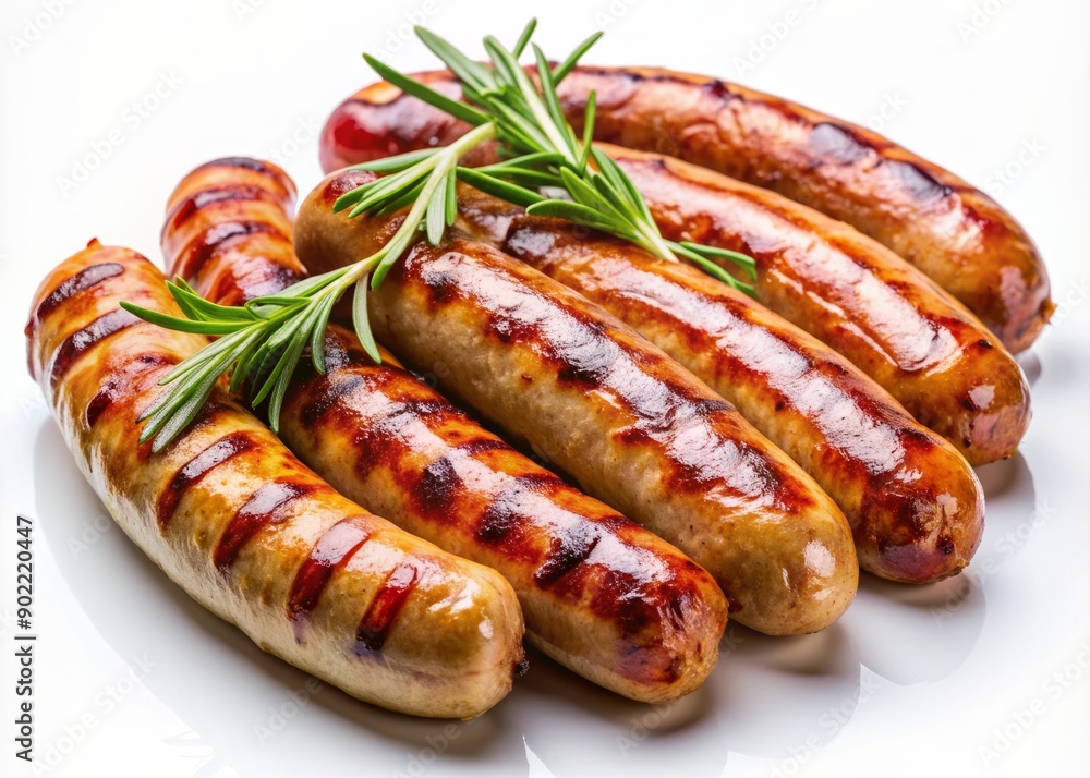 Juicy grilled pork sausages, perfectly cooked and barbecued to perfection, arranged individually on a clean white isolated backdrop, ready for a savory meal. Juicy grilled pork sausages, perfectly cooked and barbecued to perfection, arranged individually on a clean white isolated backdrop, ready for a savory meal.