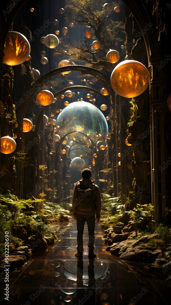 Obraz premium A lone figure stands in a surreal, mystical forest pathway adorned with glowing orbs and intricate arches. The path reflects the enchanting atmosphere, creating a captivating visual.