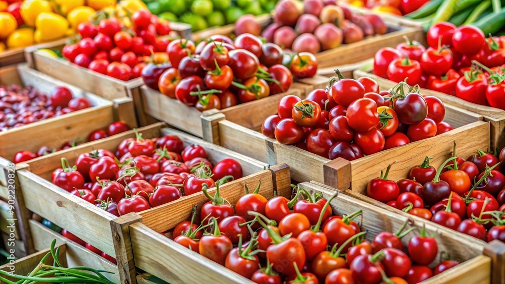 cherries in a market, Freshly Picked Cherry Vegetables in Wooden Crates cherries in a market, Freshly Picked Cherry Vegetables in Wooden Crates