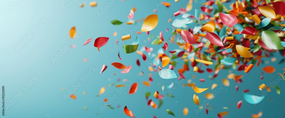 Flying Multi-Colored Confetti On A Blue Background, Evoking Festivity And Joy Flying Multi-Colored Confetti On A Blue Background, Evoking Festivity And Joy