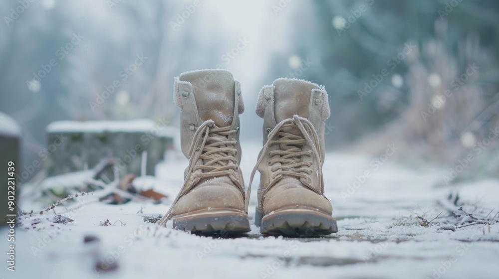 Pale garden boots are positioned on a snowy path with a softly blurred background, capturing a tranquil winter atmosphere Pale garden boots are positioned on a snowy path with a softly blurred background, capturing a tranquil winter atmosphere