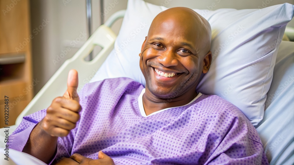 Smiling male patient showing thumbs up. Happy middle aged black bald ...