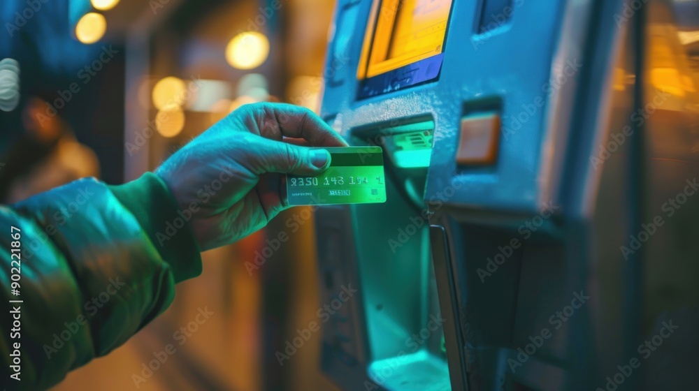 Person Using ATM Machine at Night Person Using ATM Machine at Night