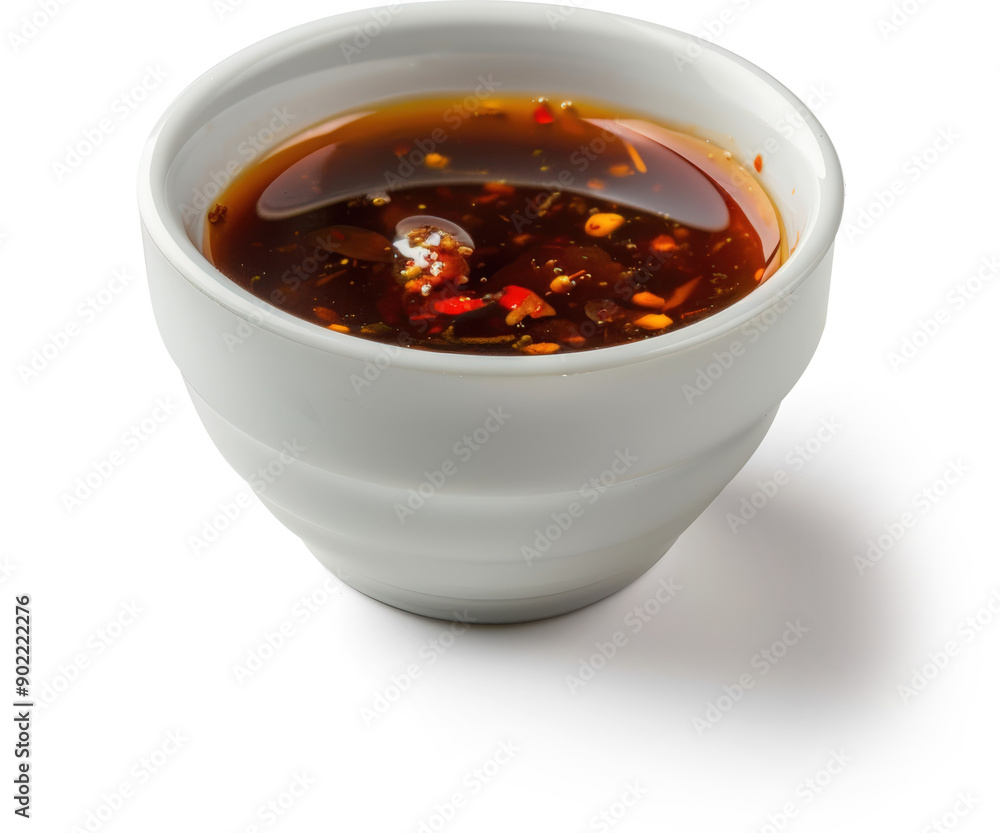 A small white bowl of spicy dipping sauce. A small white bowl of spicy dipping sauce.