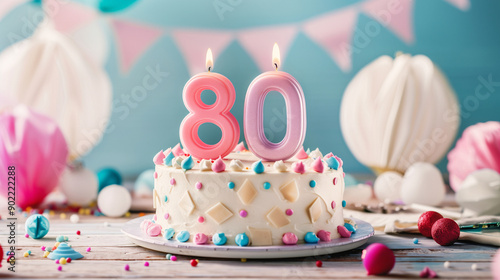 Birthday cake with big fancy burning lit candle number 80. Background for a party or an anniversary celebration with decorations and copy space for text. Pastel pink, blue and gold color tone. photo