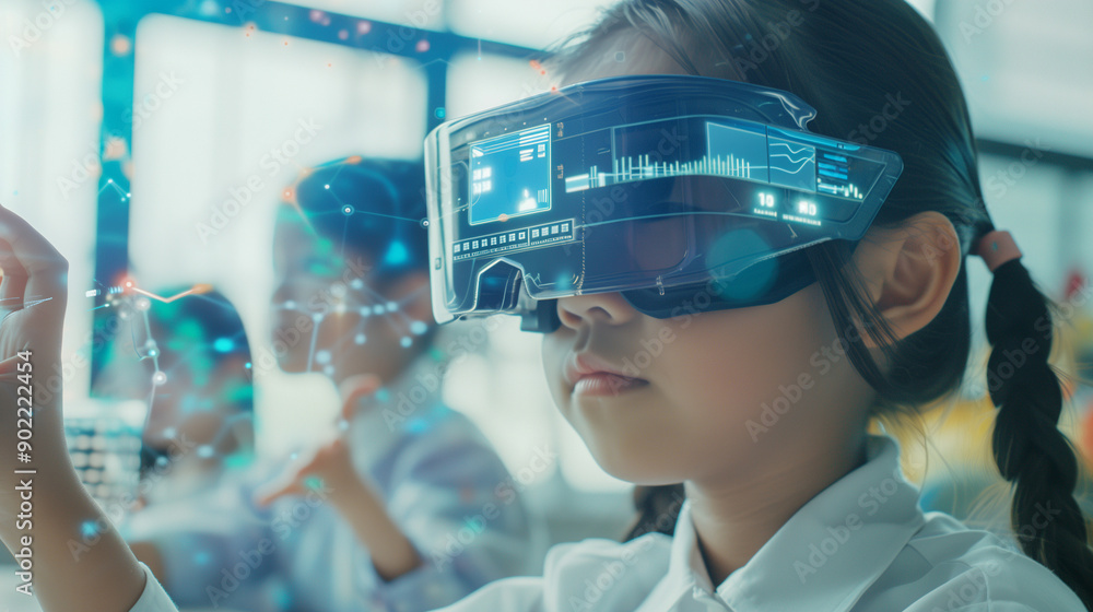 Children Engaged in Modern Technology, Featuring Schoolgirl with Wireless Goggles and Future-Focused Education Tools Children Engaged in Modern Technology, Featuring Schoolgirl with Wireless Goggles and Future-Focused Education Tools