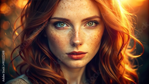 Vibrant warm-toned portrait of stunning redhead woman with scattered freckles across her nose and cheeks, captivating gaze, and soft morning light illumination.
