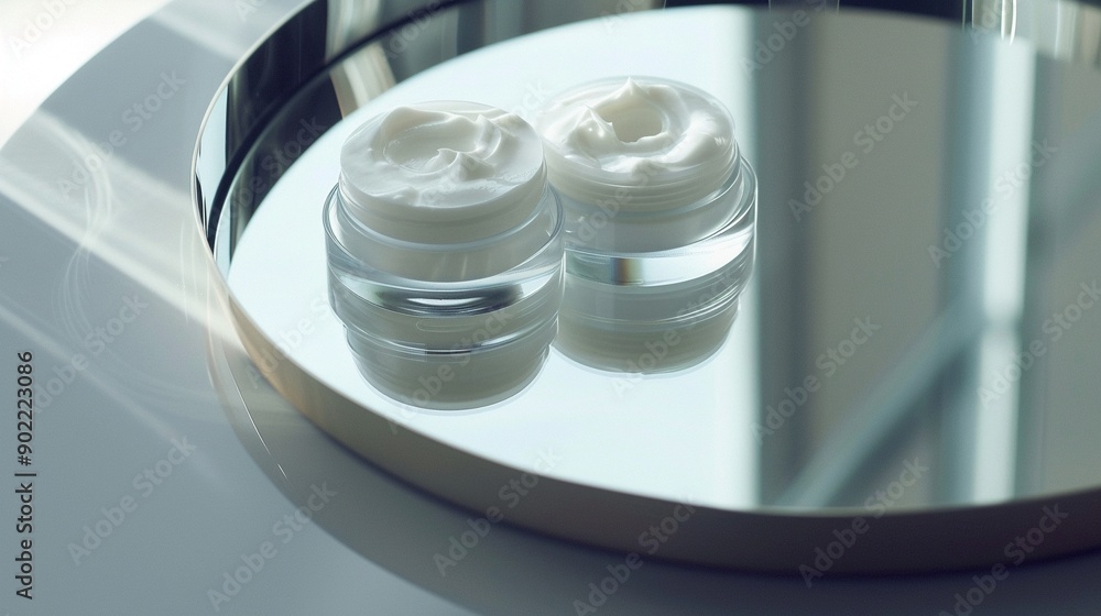 Invigorating body lotions, circular arrangement, atop a sleek, mirrored surface Invigorating body lotions, circular arrangement, atop a sleek, mirrored surface