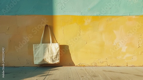 Tote bag casting long shadow on a sun-drenched, pastel wall