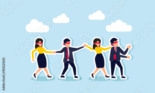 Blindly following bad leadership leads to confusion, mistakes, struggles, and hopelessness, concept of businesspeople blindfold follow leader in crisis or despair