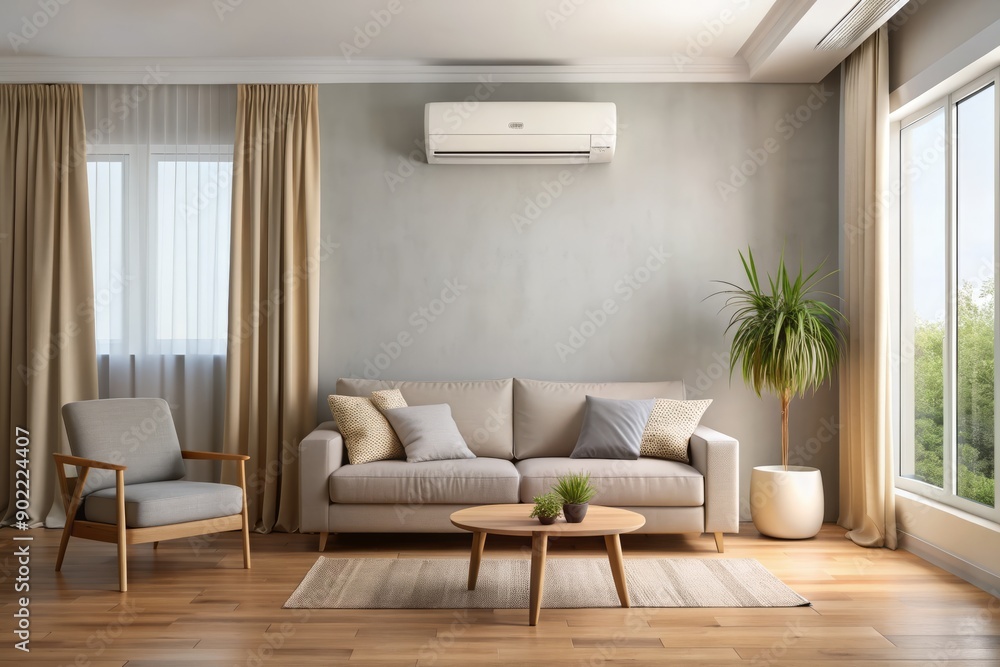 Fototapeta premium Modern white air conditioning unit mounted on a light gray wall in a cozy living room with cream-colored curtains and wooden furniture nearby.