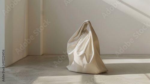 Tote bag draped over a minimalist, sculptural form, art meets function