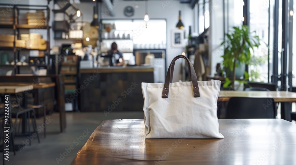Tote bag in a minimalist cafe setting, coffee culture chic Tote bag in a minimalist cafe setting, coffee culture chic