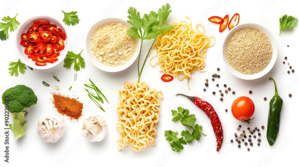 Instant noodle ingredients Noodles vegetables spices on white backdrop Instant noodle ingredients Noodles vegetables spices on white backdrop
