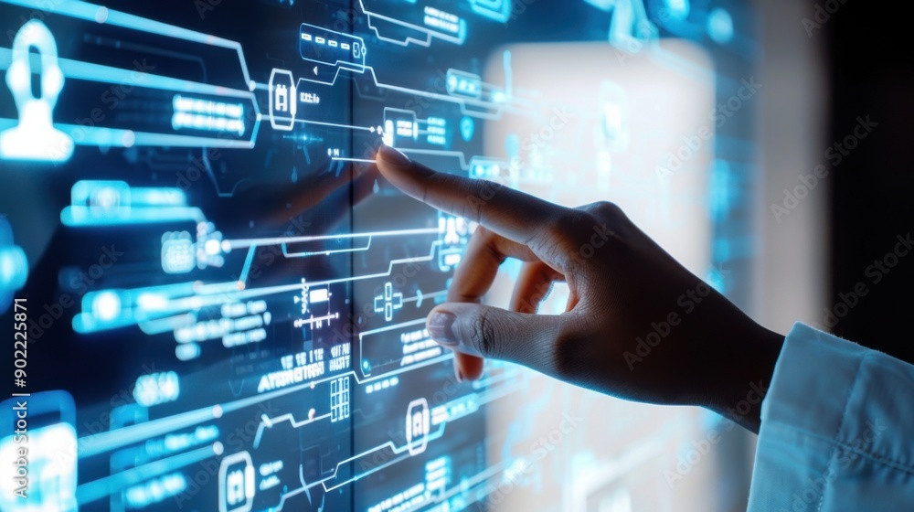 Transparent screen with a chat interface between a chatbot and a user, highlighted by a woman is hand, on a clean white background, illustrating AI technology Transparent screen with a chat interface between a chatbot and a user, highlighted by a woman is hand, on a clean white background, illustrating AI technology