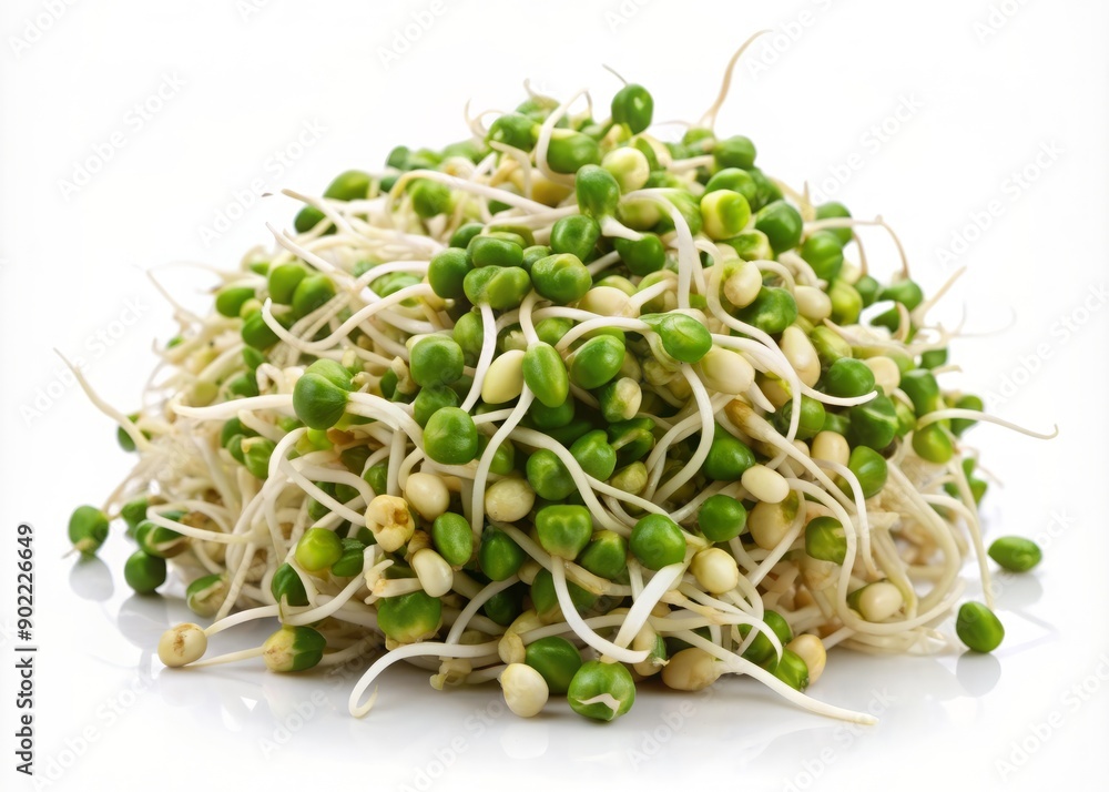 Freshly harvested mung bean sprouts scattered on a clean surface, vibrant green with delicate white stems, against a pure white isolated background. Freshly harvested mung bean sprouts scattered on a clean surface, vibrant green with delicate white stems, against a pure white isolated background.