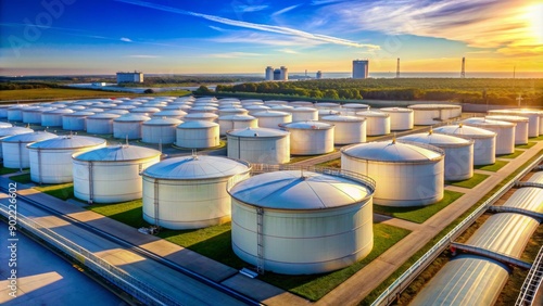 Massive industrial tank farm with numerous rows of large, cylindrical oil storage tanks stretching into the distance under a clear blue sky.