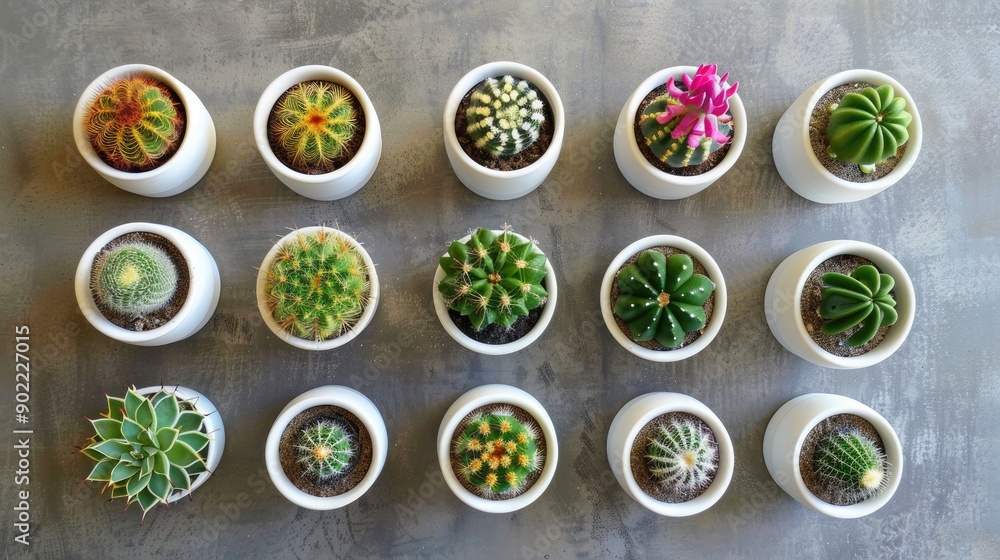 Variety of small cacti in white pots top view on concrete background decorating indoors Variety of small cacti in white pots top view on concrete background decorating indoors