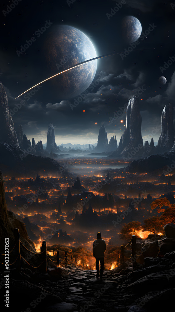 Obraz premium A lone figure stands on a path overlooking a fiery cityscape, bathed in the glow of two celestial bodies and a ring of light.