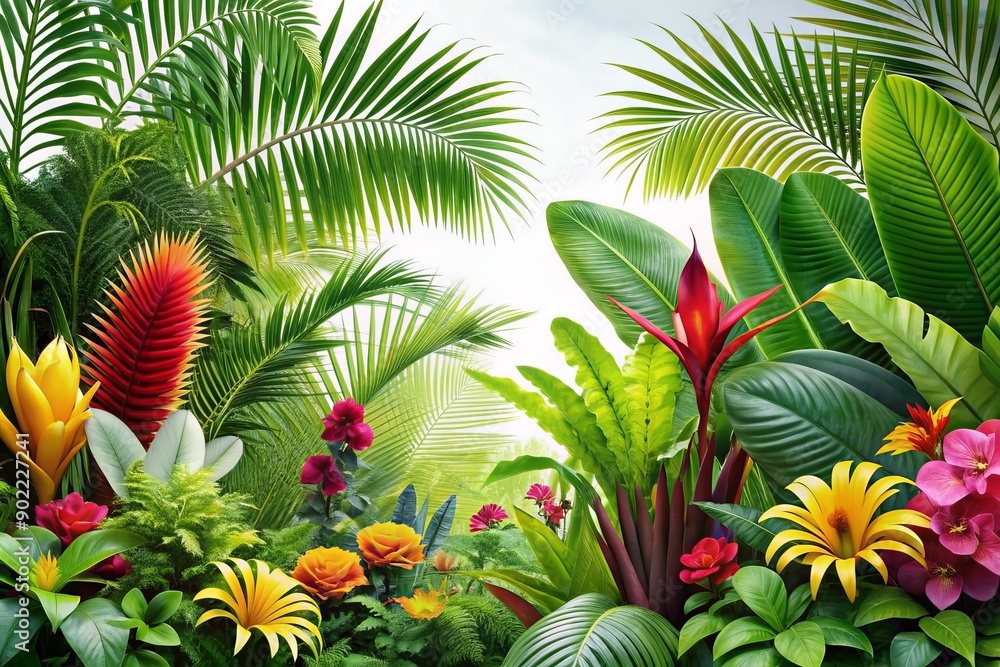 Fototapeta premium Vibrant tropical rainforest foliage with exotic flowers, ferns, and palm fronds sprawl across a clean white background, evoking serenity and lush natural beauty.
