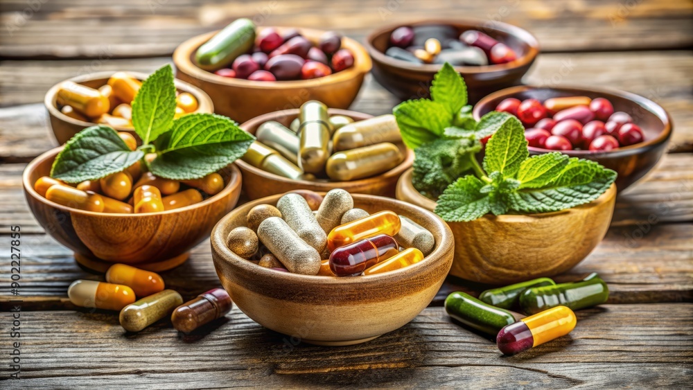Vibrant arrangement of assorted dietary supplements in ceramic bowls on a minimalist wooden table, exemplifying a modern approach to health and wellness living. Vibrant arrangement of assorted dietary supplements in ceramic bowls on a minimalist wooden table, exemplifying a modern approach to health and wellness living.
