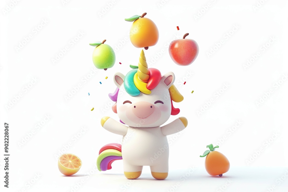 Naklejka premium Little Unicorn juggling fruits