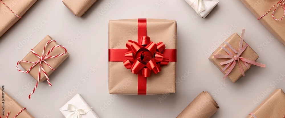 Rolls Of Craft Papers With Ribbon Bows And A Gift Box On A White Background, Symbolizing Thoughtfulness Rolls Of Craft Papers With Ribbon Bows And A Gift Box On A White Background, Symbolizing Thoughtfulness