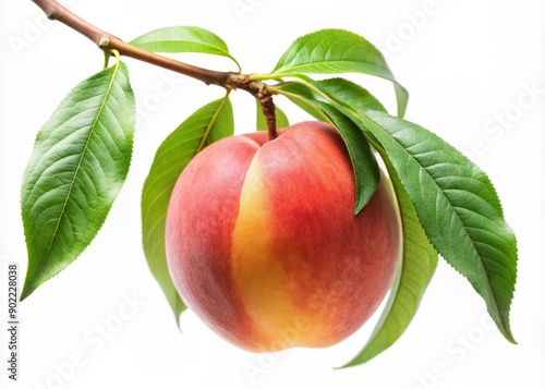 Fresh raw pink peach hangs from a delicate stem surrounded by lush green leaves, isolated against a clean white background, showcasing summer's sweet delight.