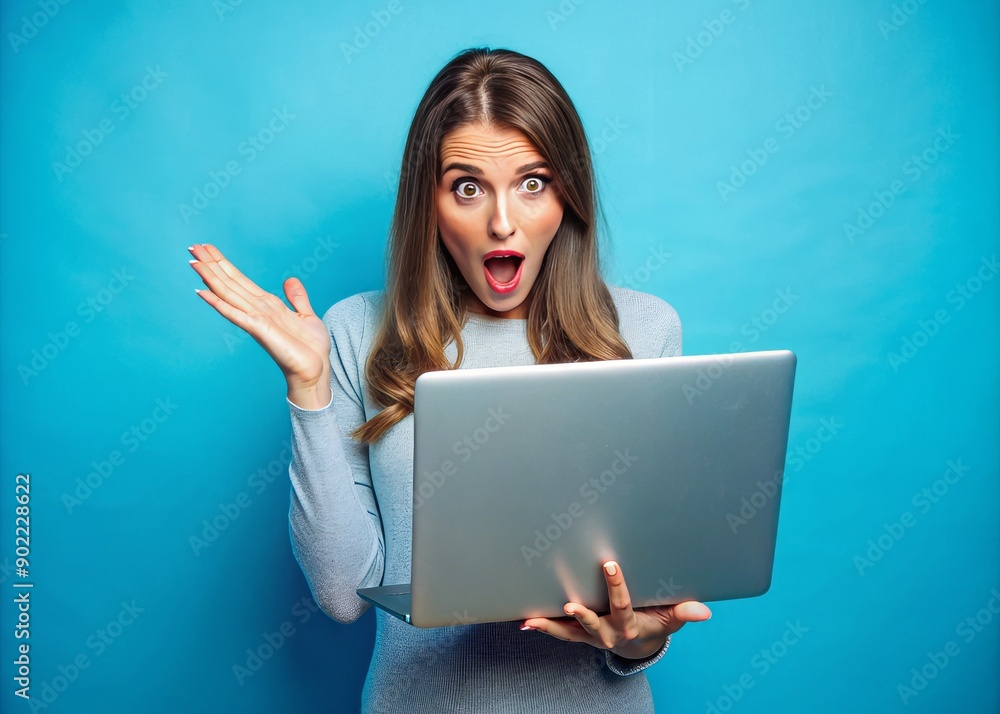 Astonished young woman gazes at laptop screen, eyes widening at amazing deals and discounts from her beloved retailers, set against vibrant blue background. Astonished young woman gazes at laptop screen, eyes widening at amazing deals and discounts from her beloved retailers, set against vibrant blue background.