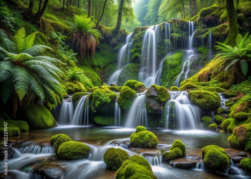 Serene cascading waterfalls surrounded by lush green ferns and moss-covered rocks in a tranquil temperate rainforest of a misty Pacific Northwest forest landscape.