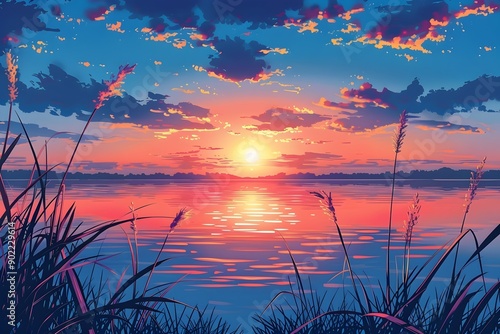 Vibrant Sunset Reflection Tranquil illustration Scenery Nature Serenity Landscape photo