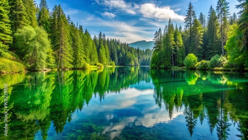 Serene crystal-clear green lake surrounded by lush verdant forests and majestic evergreen trees, reflecting the calm atmosphere of a peaceful Seattle morning.