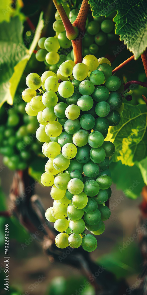 Fototapeta premium green grapes hanging on vine bathed 