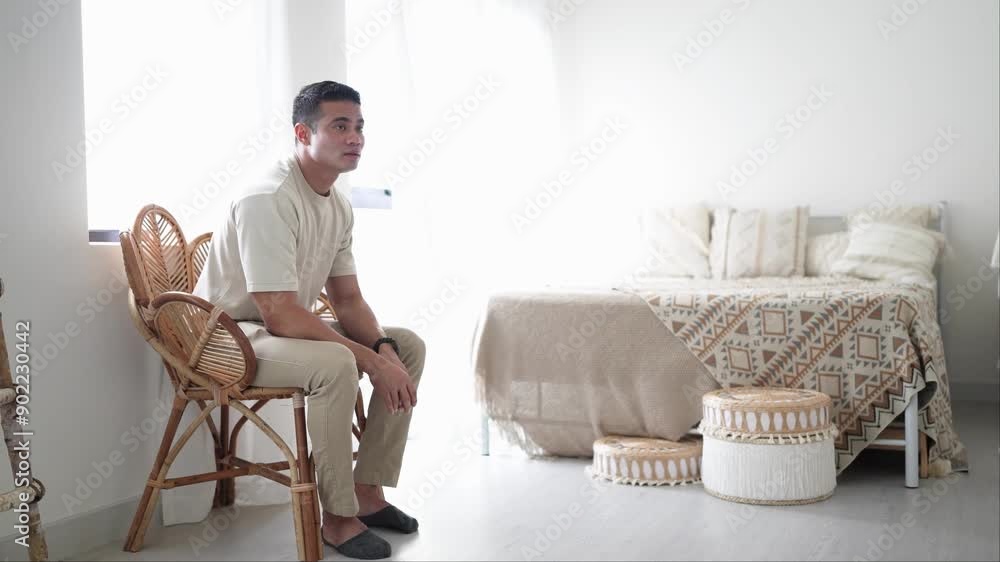 30-something Malaysian man sitting by bed looking around room with Western-style furniture in house in Selangor, Malaysia. 30-something Malaysian man sitting by bed looking around room with Western-style furniture in house in Selangor, Malaysia.