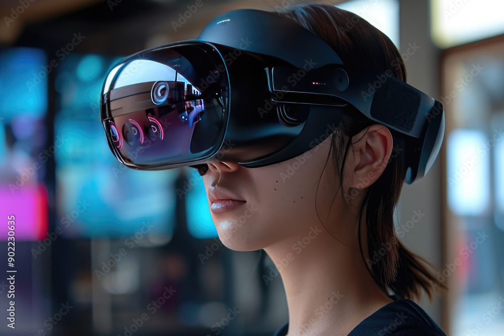 Woman Experiencing Virtual Reality with Advanced VR Headset in Modern Tech Environment Woman Experiencing Virtual Reality with Advanced VR Headset in Modern Tech Environment
